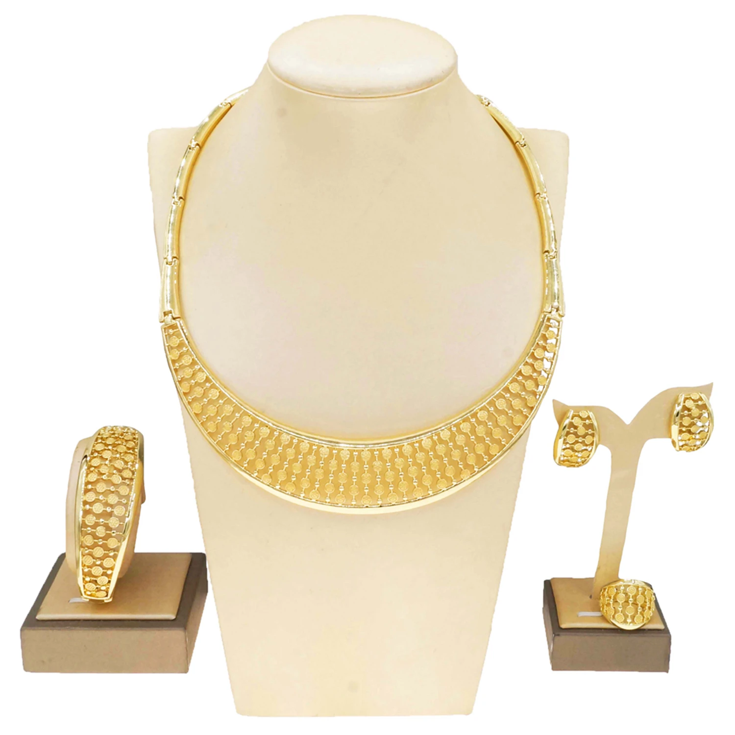 Yulaili Dubai Gold Plated Geometric Linear Jewelry Set for Women Party Wedding Necklace Earrings Bracelet Ring HV0088