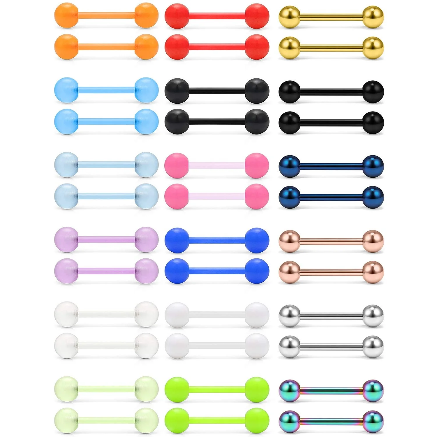 36pcs 14G 16mm Glow in The Dark Flexible Acrylic Straight Tongue Nipple Ring Retainer Piercing
