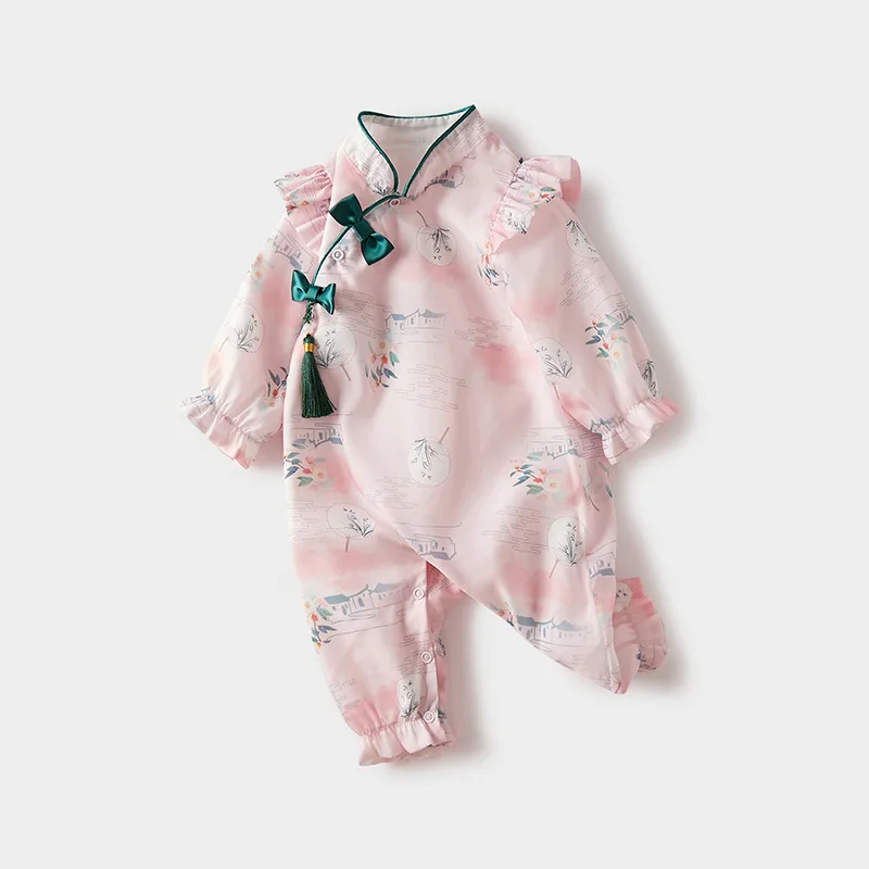 Spring Fall Baby Clothes Girl China Style Cute Bow Princess Pink Long Sleeve Cotton Rompers Jumpsuits Newborn Photography BC025
