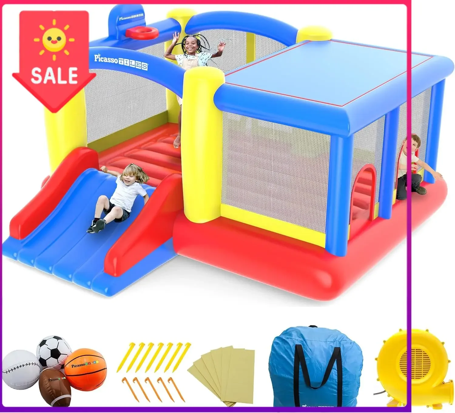 USA Stock [Upgrade Version] KC102 12x10 Foot Inflatable Bouncer Jumping Bouncing House, Jump Slide, Dunk Playhouse w/Basketball
