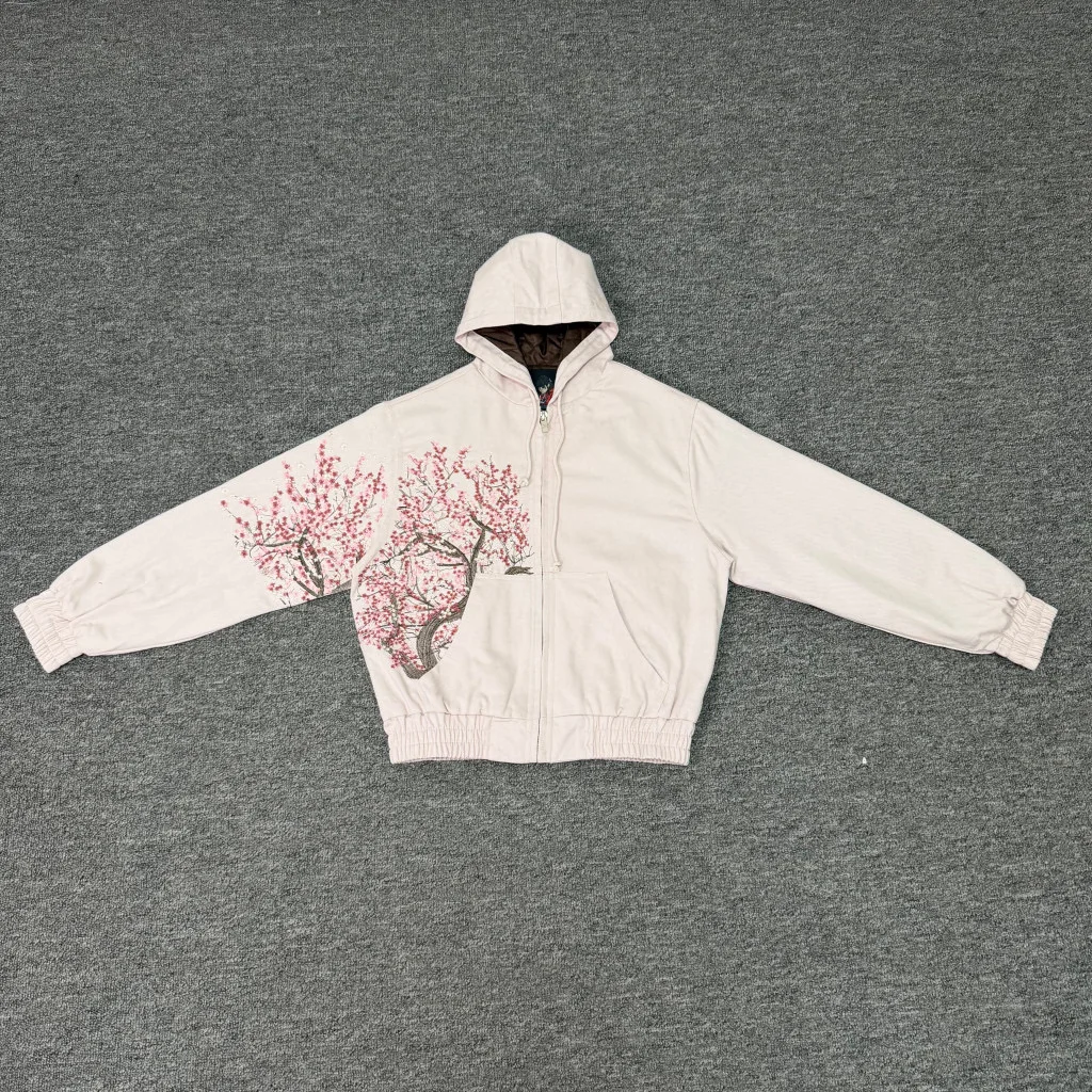 

Pink Flower Embroidery Jaet Derschutze "Blossom" Workwear Cotton Long Sve Hooded Zipper Thiened Autumn Winter Coat