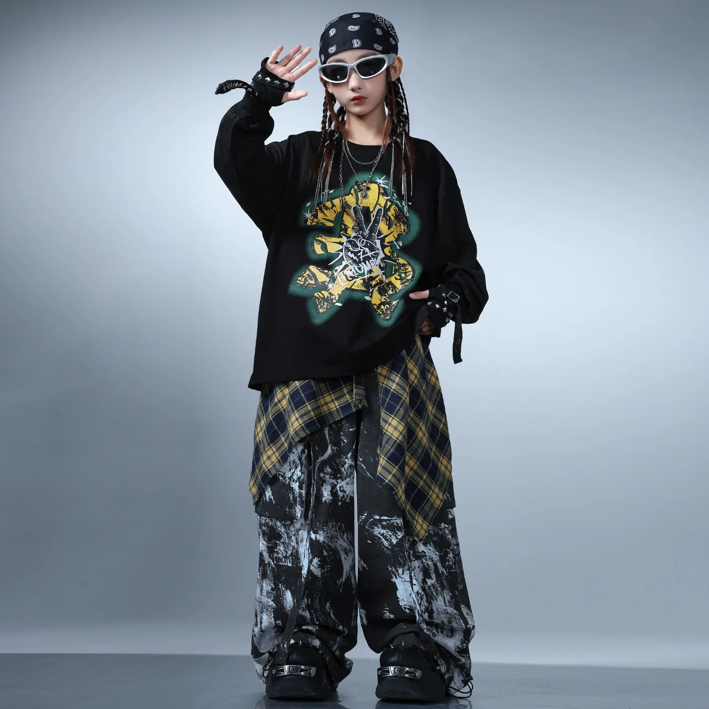 Kid Kpop Hip Hop Kleding Zwart Sweatshirt Casual Brede Band Print Cargo Broek voor Meisje Jongen Street Dance Wear Kostuums Kleding