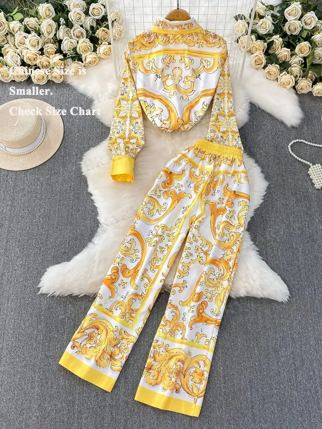 Herbst Lila Floral Zwei Stück Set Frauen Muslime Kleidung Pocelain Jacke Shirts Elastische Taille Breite Bein Lange Hosen 2 stücke Outfits