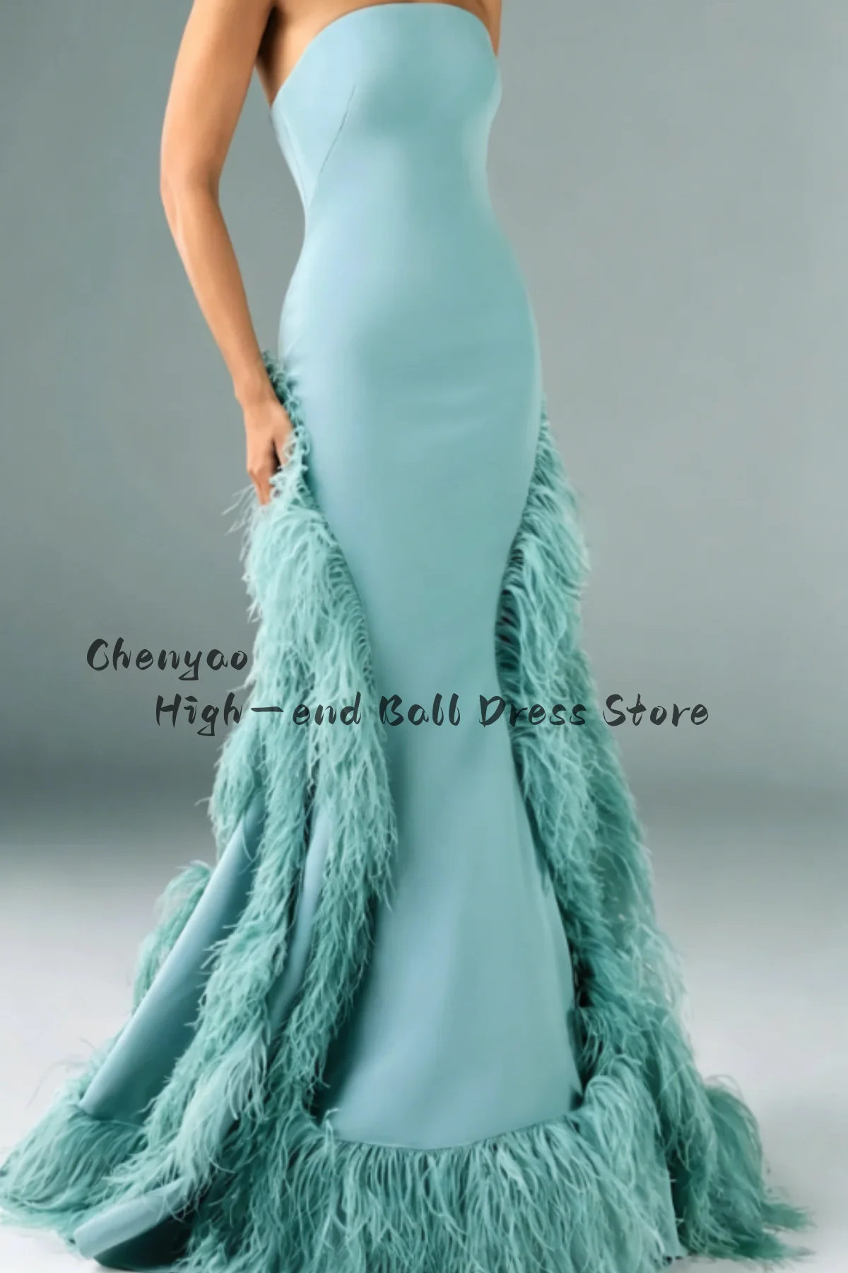 Customized Strapless Feathers Prom Dresse Elegant Floor Length Sleeveless Evening Party Gowns vestidos de fiesta elegantes image 2
