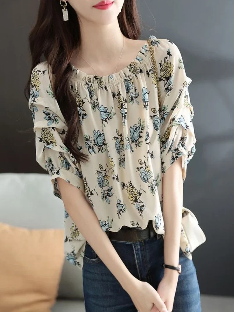 With Print Women's Shirt and Blouse Frill Ruffle Streetwear Female Tops Basic Fine Elegant Modern Long Clothing Sales Youthful M