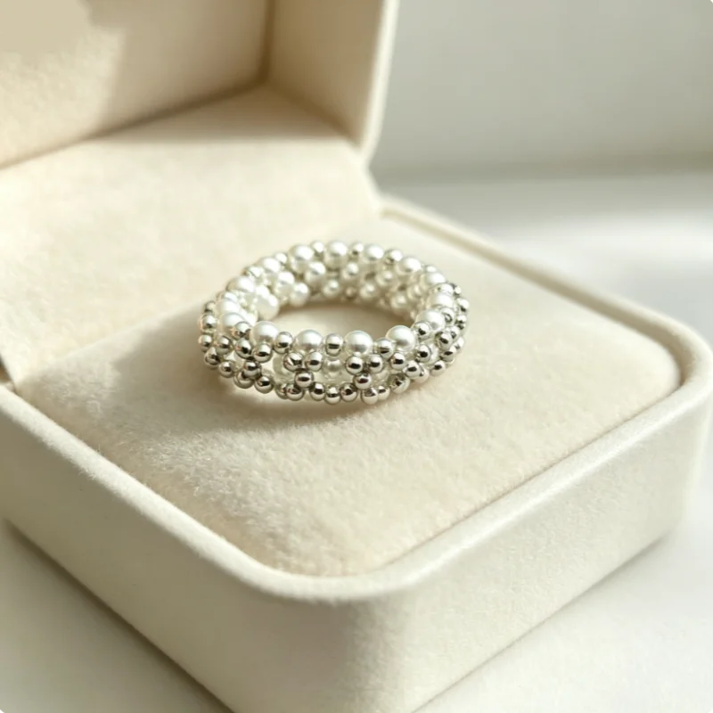 Double-Layered Five-Bead Three-Dimensional Ring, with Hand-Woven Rice-Shaped Pearls Arranged in an Orderly Fashion
