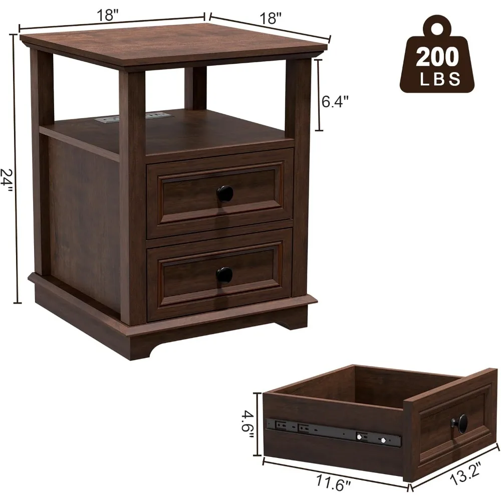 Nightstand with Charging Station Set of 2, End Table Set of 2, Large 18” Side Table with Drawers, Storage Cabinet with Open