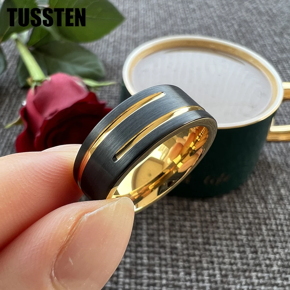 Dropshipping TUSSTEN 8MM Men Women Flat Wedding Band Tungsten Finger Ring 2 Grooves Finish Great Workmanship Comfort Fit