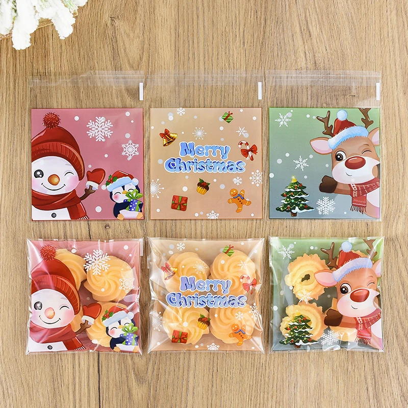 

100Pcs Christmas Cookie Candy Self Adhesive Plastic Bags Biscuit Snack Gift Packaging Bag Xmas Party New Year Navidad Decoration