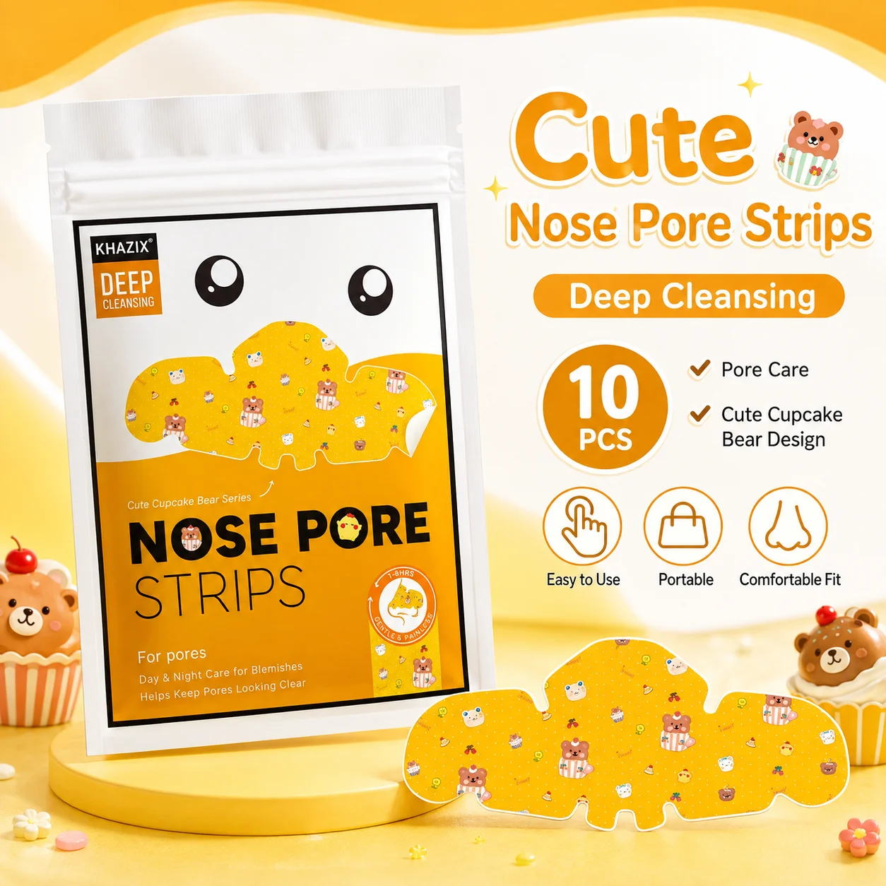 10pcs Cute Cupcake Bear Nose Pore Strips，Cartoon Nose Patch for Pore Care, Deep Cleansing Nose Strip, Adorable Facial Skin Care
