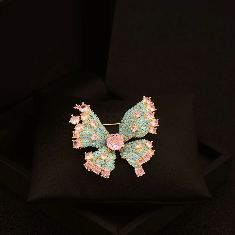 Elegant Turquoise Butterfly Brooch Pink Rose Shining Crystal Lapel Pin Korean Japanese Style Women's Fashion Accessory Jewelry