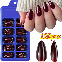 120Pcs Wine Red Almond Press On Nails Full Coverage Fake Nail Tip False Fingertips for Dating/Party Women Manicure Extension Tip
