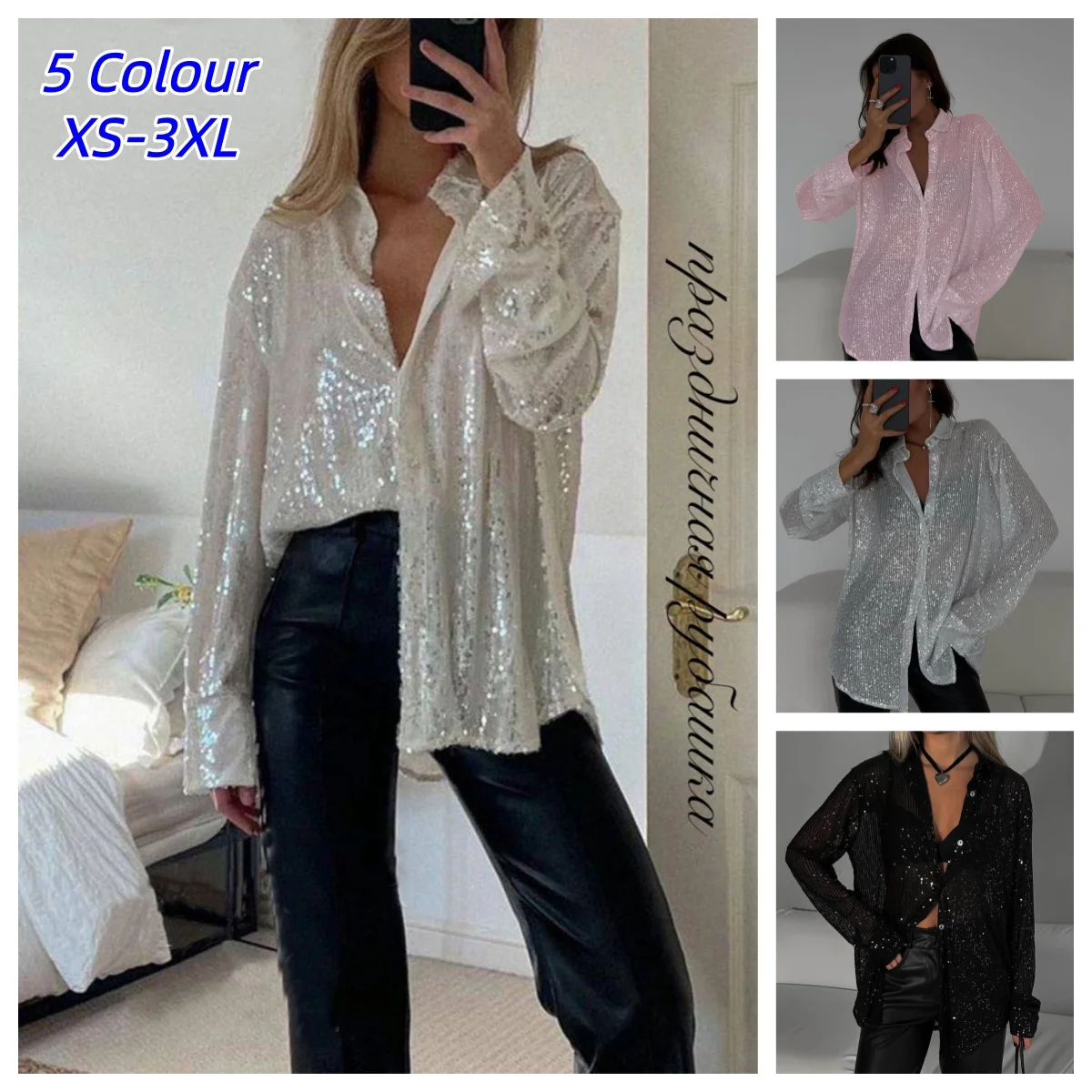 

Womens Blouse Sequin Tops Luxury Loose Shiny Shirt Turn-Down Collar Single Breasted Long Sleeve Female Basic Long Sleeved Shirts