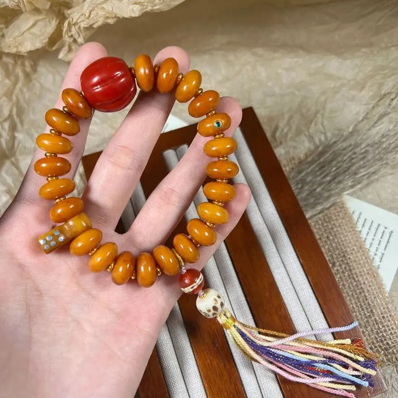 Bone Combined Red Agate Pumpkin Beads, A Natural Energy Bracelet With Amber Accents