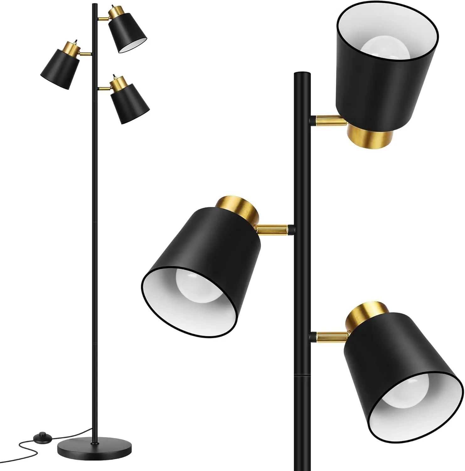 

67" Modern Standing Floor Lamp with 3 LED Bulbs, Industrial Tall Lamp for Living Room, Bedroom, Study Office Decor, Black Gold