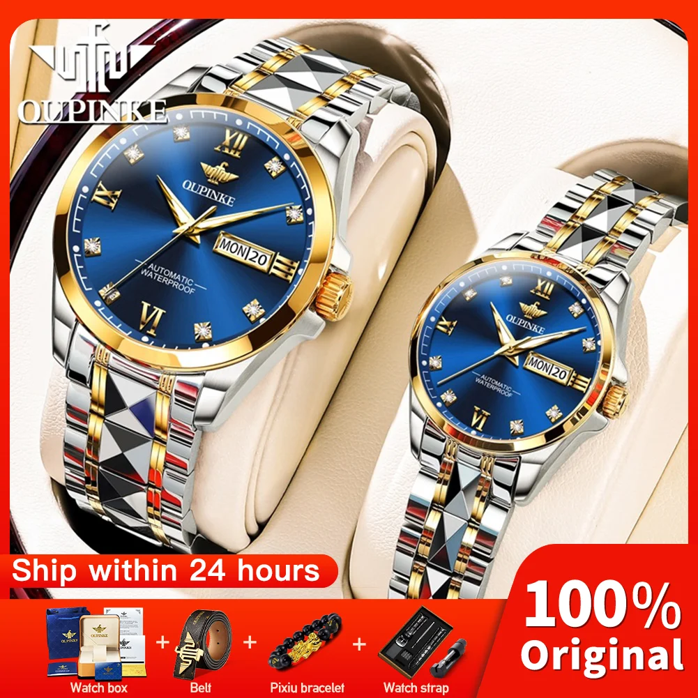 

OUPINKE 3262 Business Mechanical Couple Watch Luxury Original Dual Calendar Waterproof Wristwatch Diamond Scale Luminous Watch