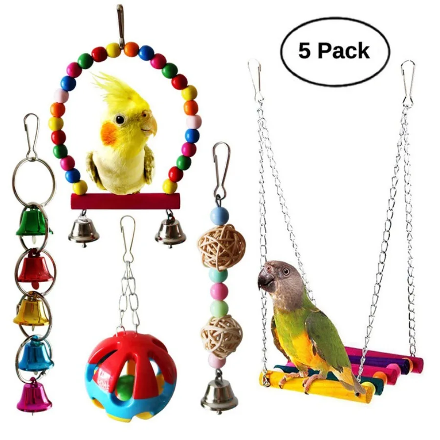 Pack Wood Parrot Toys Bird Toy Cage Bird Accessories Swing Suspension Bridge Ball Cage Bells Pet Supplies Set Parrots Play Stand