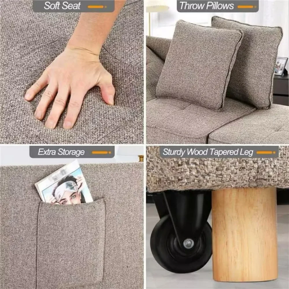 poltrona letto convertibile 4 in 1, divanetto in lino a 3 posti con cuscini, poltrona reclinabile compatta per piccoli spazi