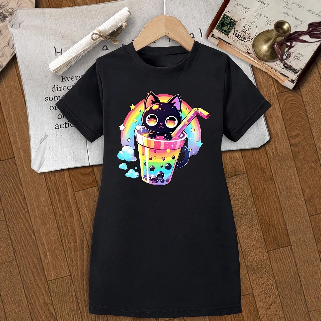 Ropa para niños, camiseta larga de manga corta para niñas, vestido estilo Ins para niños mayores, camiseta de manga corta con estampado de té de la leche y gato negro arcoíris, adecuada para niñas de 4 a 12 años, ropa cómoda y versátil