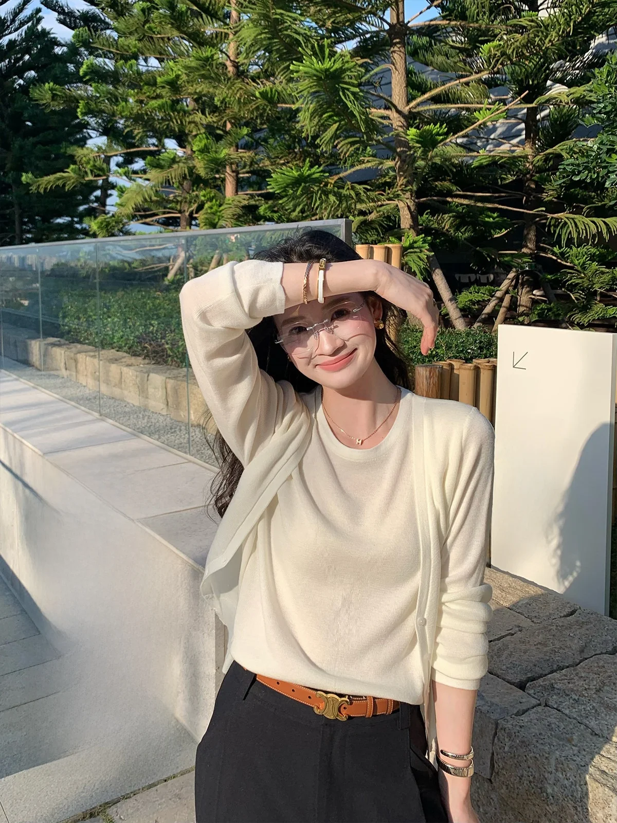 

Folelse Minimalist Knitted Long Sleeve round Neck Cardigan Women's Early Spring Slimming Two-Piece Set Top Soft Wool Blend