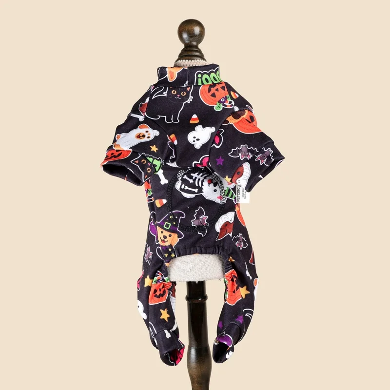 Halloween Print Dog Jumpsuit Soft Dog Clothes Cute Pet Pajamas Warm Puppy Romper Luxury Cat Overalls Holiday Party Poodle Outfit 5