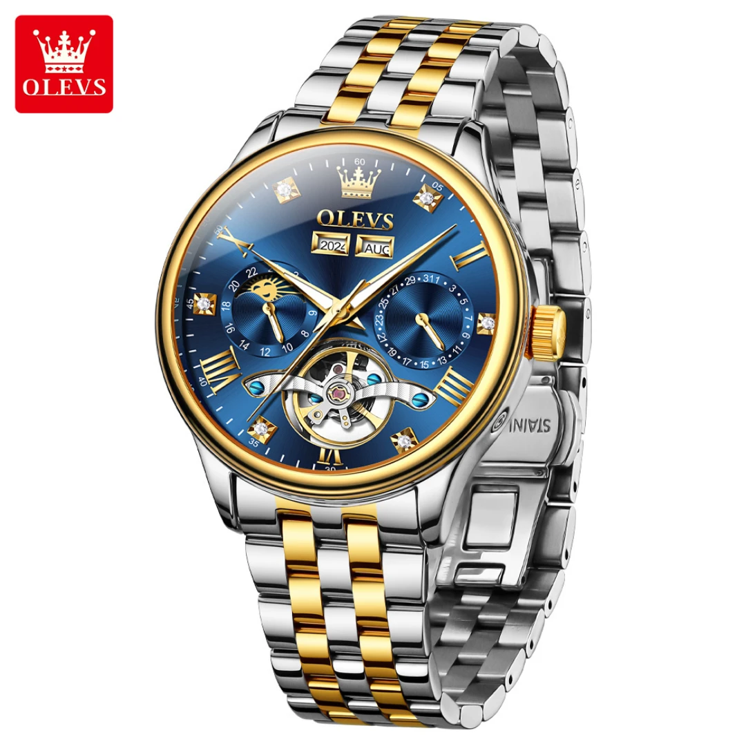 

OLEVS 7023, модные механические часы, подарок, ремешок из нержавеющей стали, наручные часы с круглым циферблатом, дисплей недели, светящийся годовой дисплей