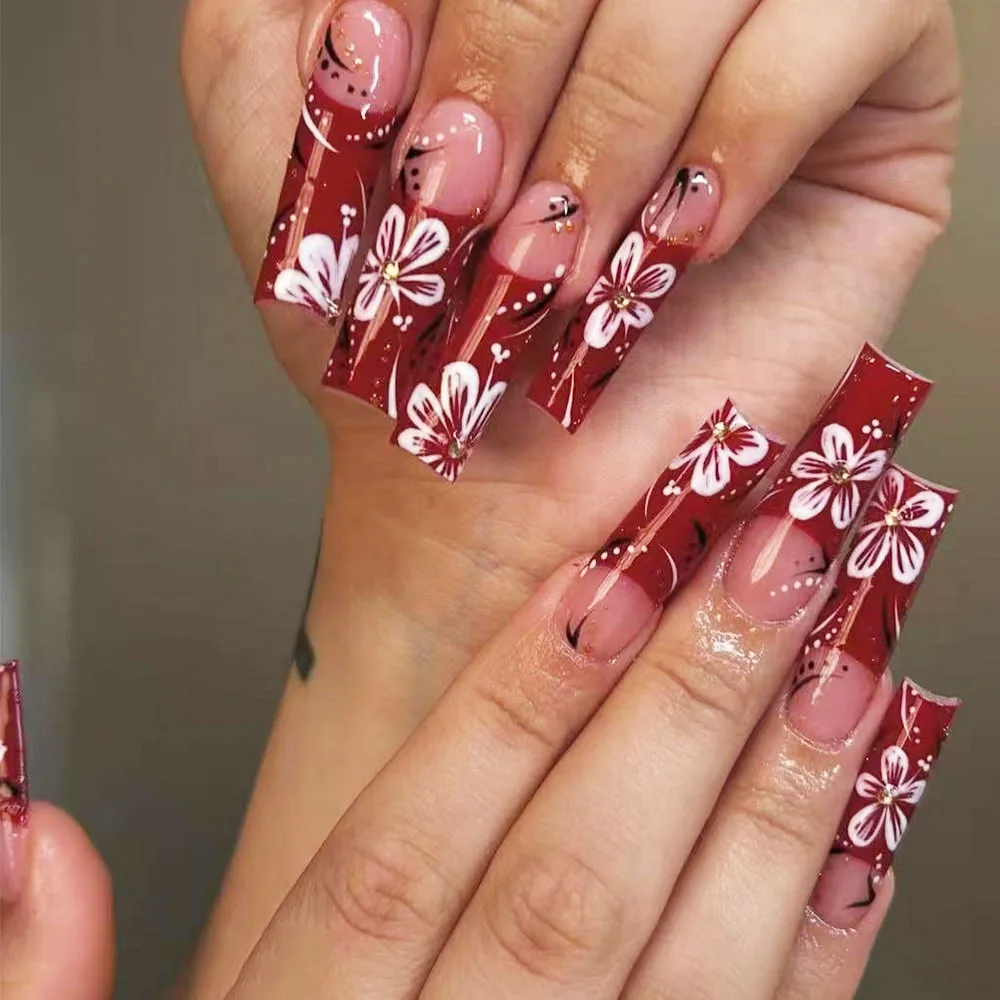 Red Floral French Coffin Nails, Long Press On Nails with White Flower Print, Elegant Fake Nails