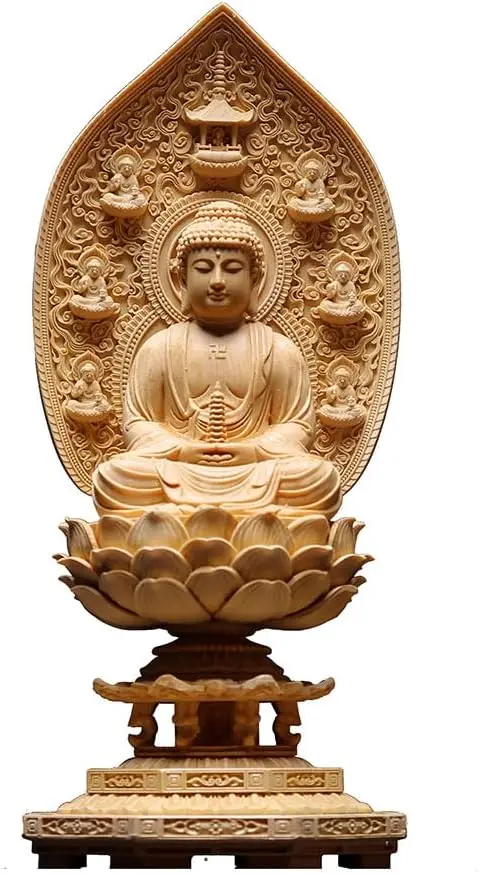 Finely Carved Hinoki Cypress Wood Eastern Three Saints Buddha Statues Medicine Buddha with Sunlight and Moonlight Bodhisattvas