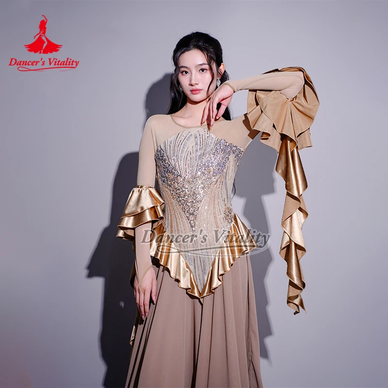 

Standard Social Dance Mesh Splicing Long Sleeves Professional Dresses Viennese Waltz Tango Quickstep Practice Contest Outfit