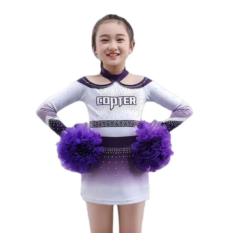 

Custom Cheerleading Competition Uniforms Girl Gymnastics Kids Performance Team Uniforms Costumes With Flash Diamonds Flower Ball