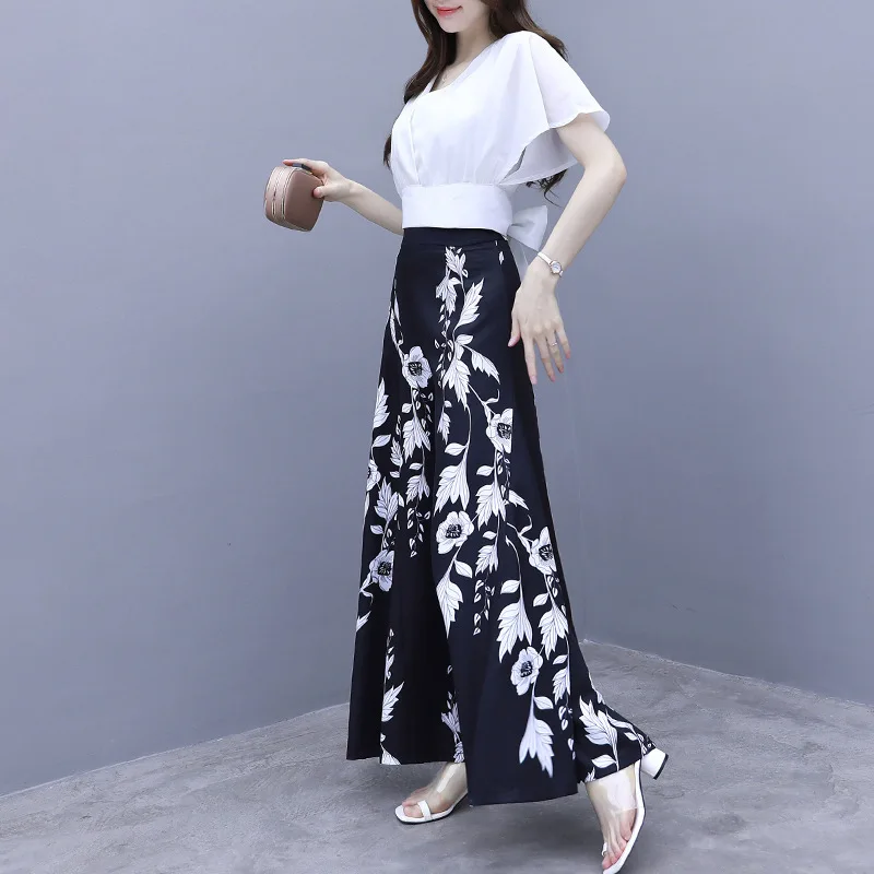 2024 Summer Commuting Fashion Loose Versatile Chiffon Solid Short Sleeved High Waist Wide Leg Printed Panel Women\'s Flare Pants