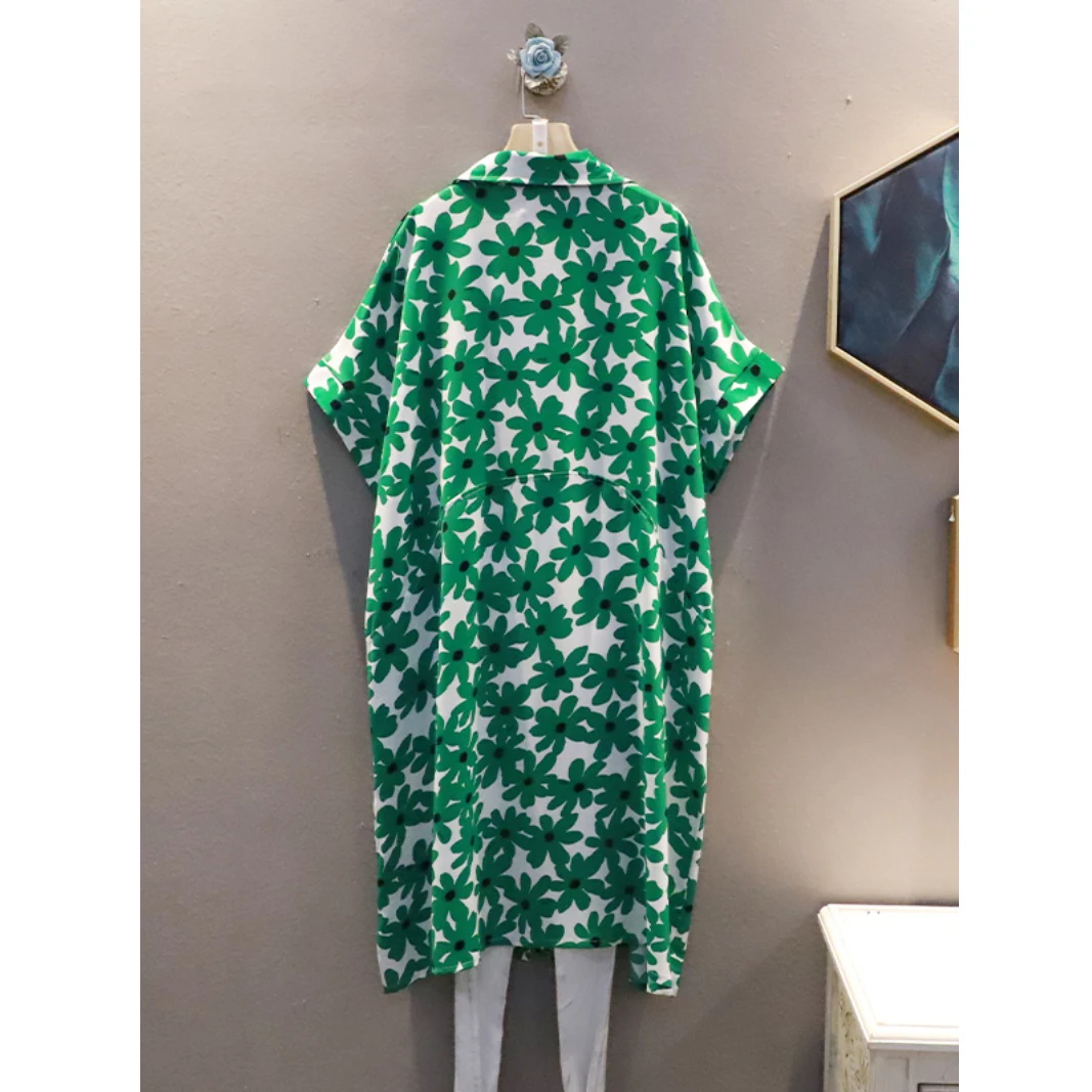 SuperAen-Vestido floral feminino com gola flip, estilo de cintura alta, tamanho solto, retrô, verão, novo, 2024