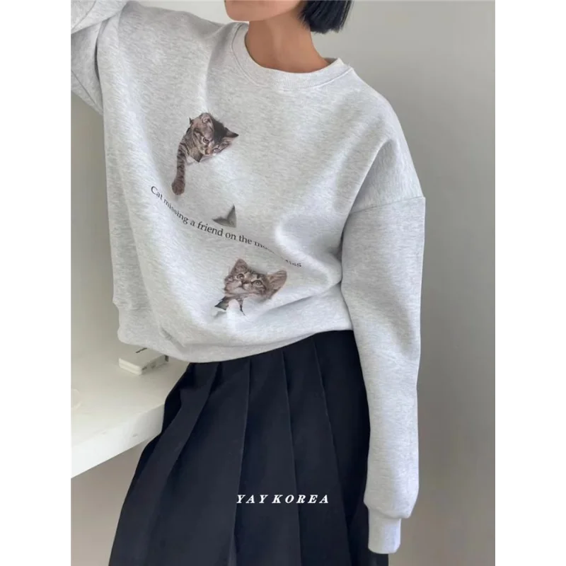 Early Autumn New Cat Printed Round Neck Sweatshirt  Women Loose Casual and Fashionable Versatile Top