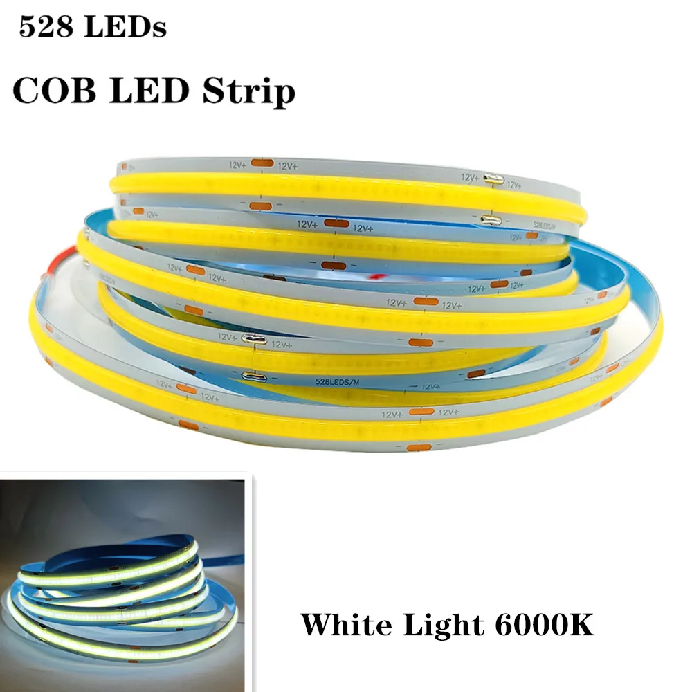 

COB LED Strip 528 LEDs High Density Flexible COB LED Lights DC12V 24V RA90 3000K 4000K 6000K LED Tape 5m/Lot