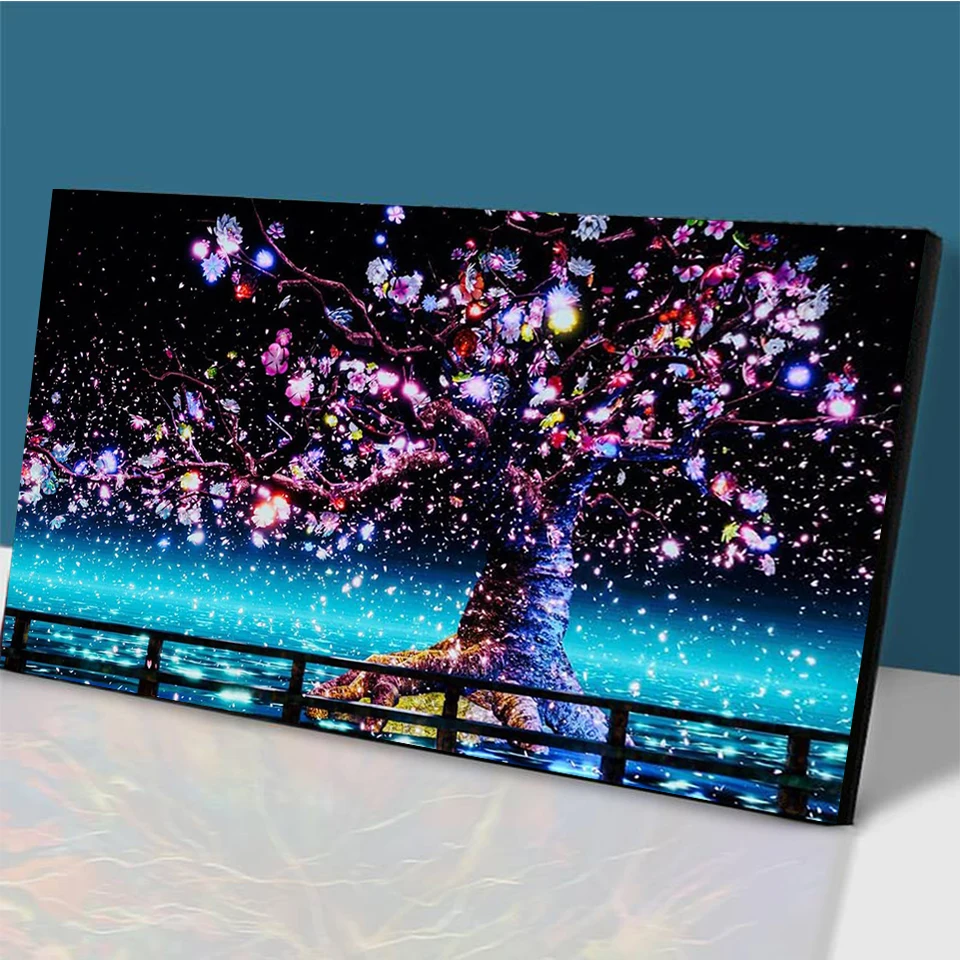 Night Colourful Tree Diamond Painting Full Square Round Diamond Mosac Embroidery Sea Tree Nightscape For Living Room Decor