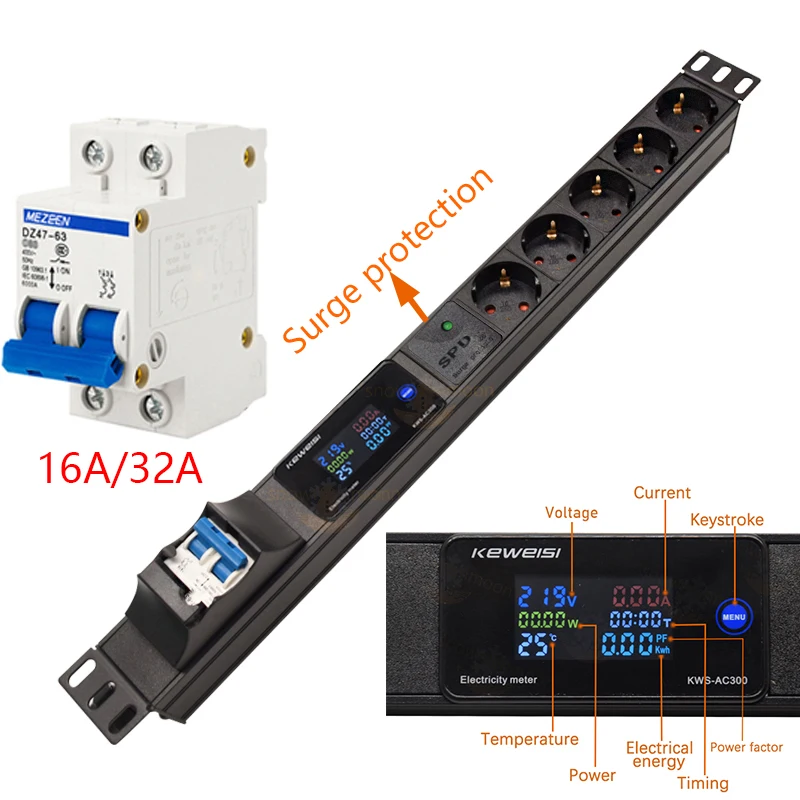 Cabinet Rack Wall Mount PDU Power Strip Digital meter V/A/W 2-8 European German Socket Distribution Unit Surge protection