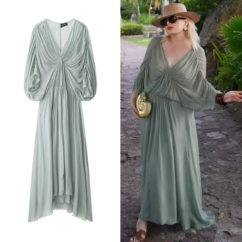 Elegant Long Dresses Woman 2025 New Summer Sexy Sleeveless O-neck Bodycon Midi Dress Fashion Green Ruched Party Evening Dresses