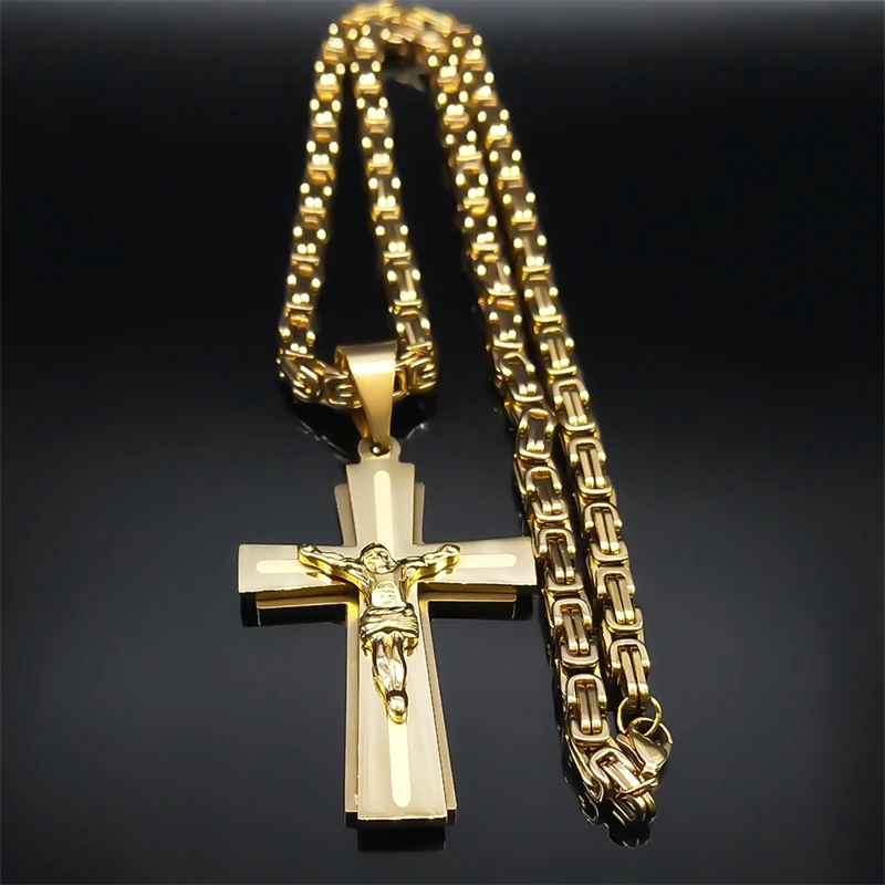 Male Punk Cross Necklace for Women Men Stainless Steel Gold Color Jesus Crucifix Chain Boyfriend Gift Jewelry collar N2342S06