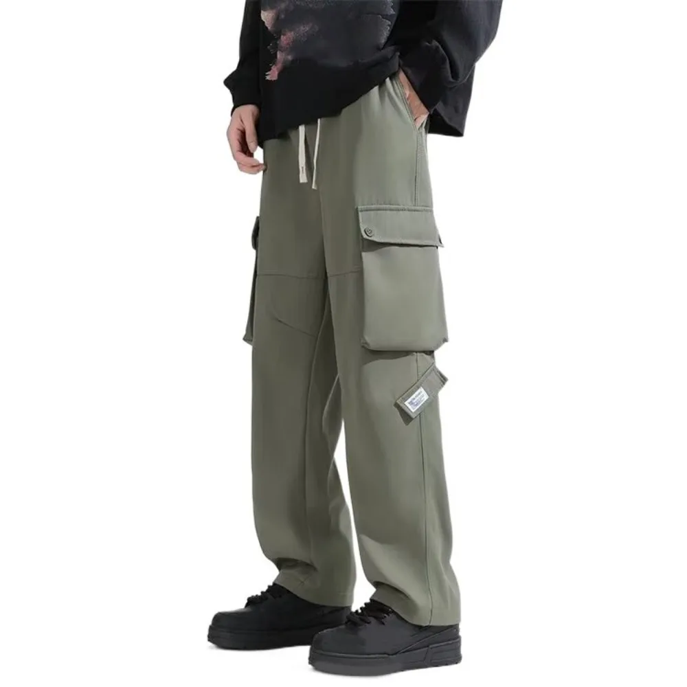 

Pure Color Drawstring Wide Leg Sweatpants Y2K Oversized Baggy Cargo Pants High Waisted Multi-pockets Men Joggers Trousers Sports