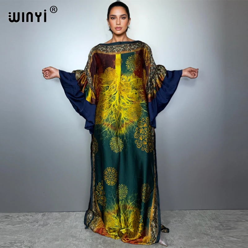 

WINYI boho summer puff(ed) sleeves evening dress abaya dubai luxury Female loose Print kaftan muslim woman clothing beach dress