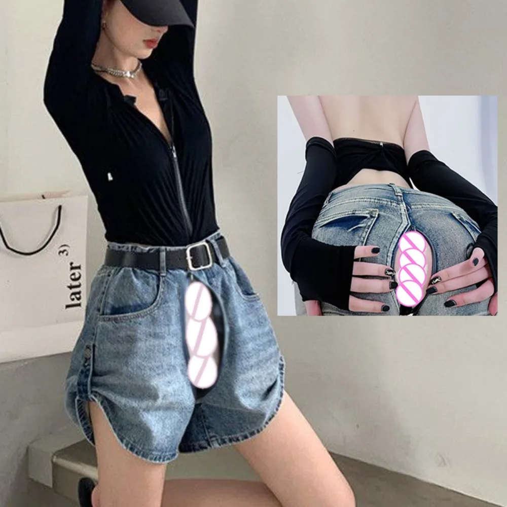 

Mini Shorts Women Open Crotch Outdoor Sex Pants High Waist Ripped Jeans Vintage Bloomers Summer Shorts Baggy Bell-bottoms Denim