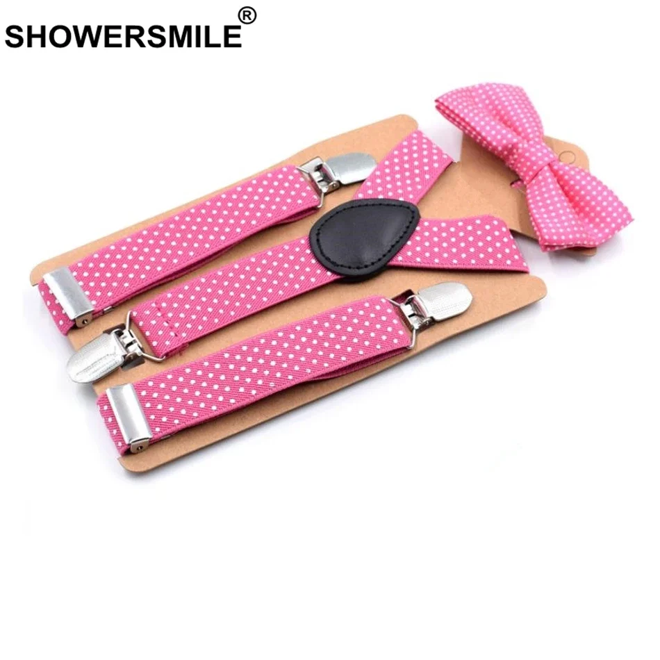 SHOWERSMILE Kids Suspenders And Bow Ties Children Dot Pants Suspenders Trousers Pink Purple Black Gray Boys Grils Unisex Braces