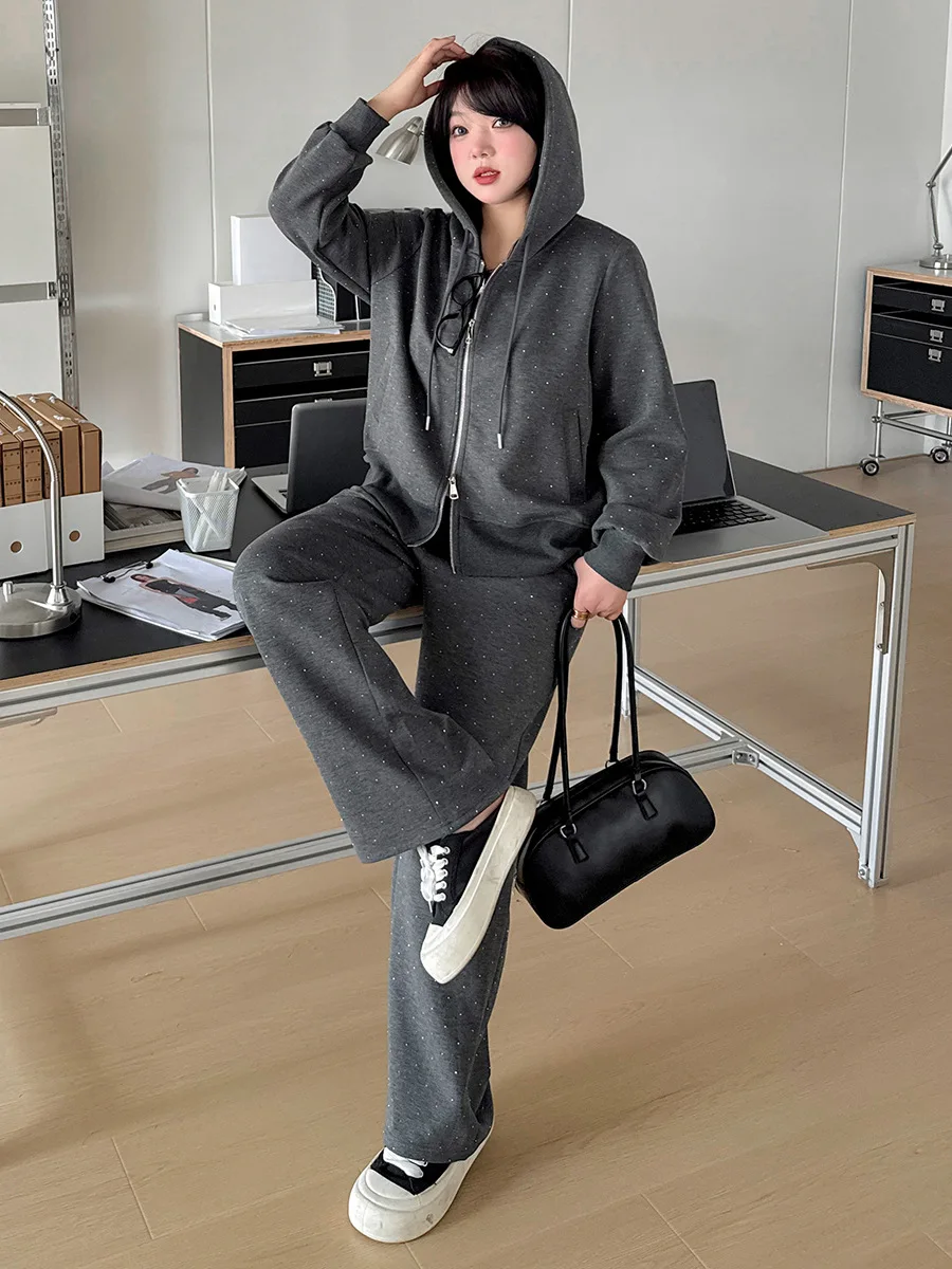 Y2K Casual Women Diamond Speckle Two Piece Set Zipper Hooded Cardigan Elastic Waist Jogger Sweatpants Streetwear Matching Outfit