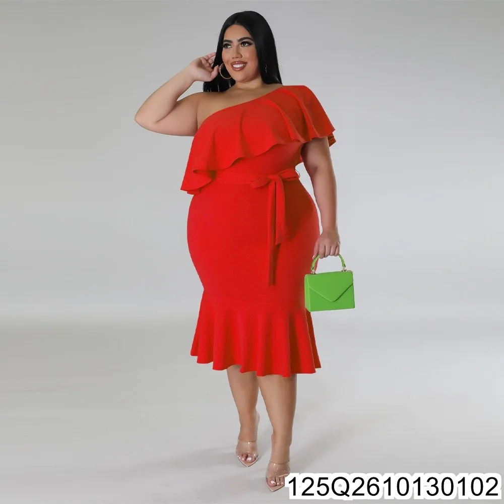 2026 New Plus-size Dress for Women, European and American Fashion, Slimming and Casual, Ruffled Strapless Dress 125Q26101301
