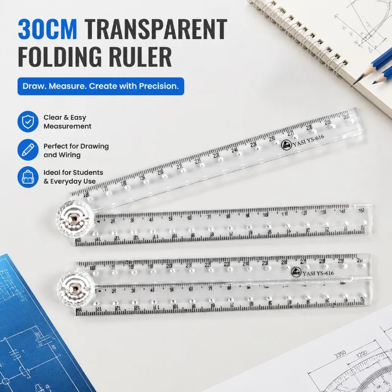 Transparent Acrylic Folding Ruler 30cm, Straight Ruler for Drawing and Wiring, Creative School Supplies for Students