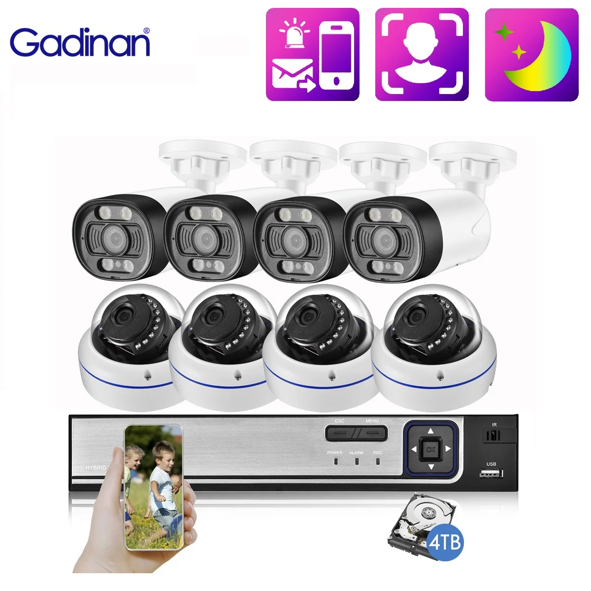 

Gadinan 5MP Outdoor Dome Network Security Audio System Kit Face Detection POE IP Camera H.265+ CCTV 8CH NVR Surveillance Camera