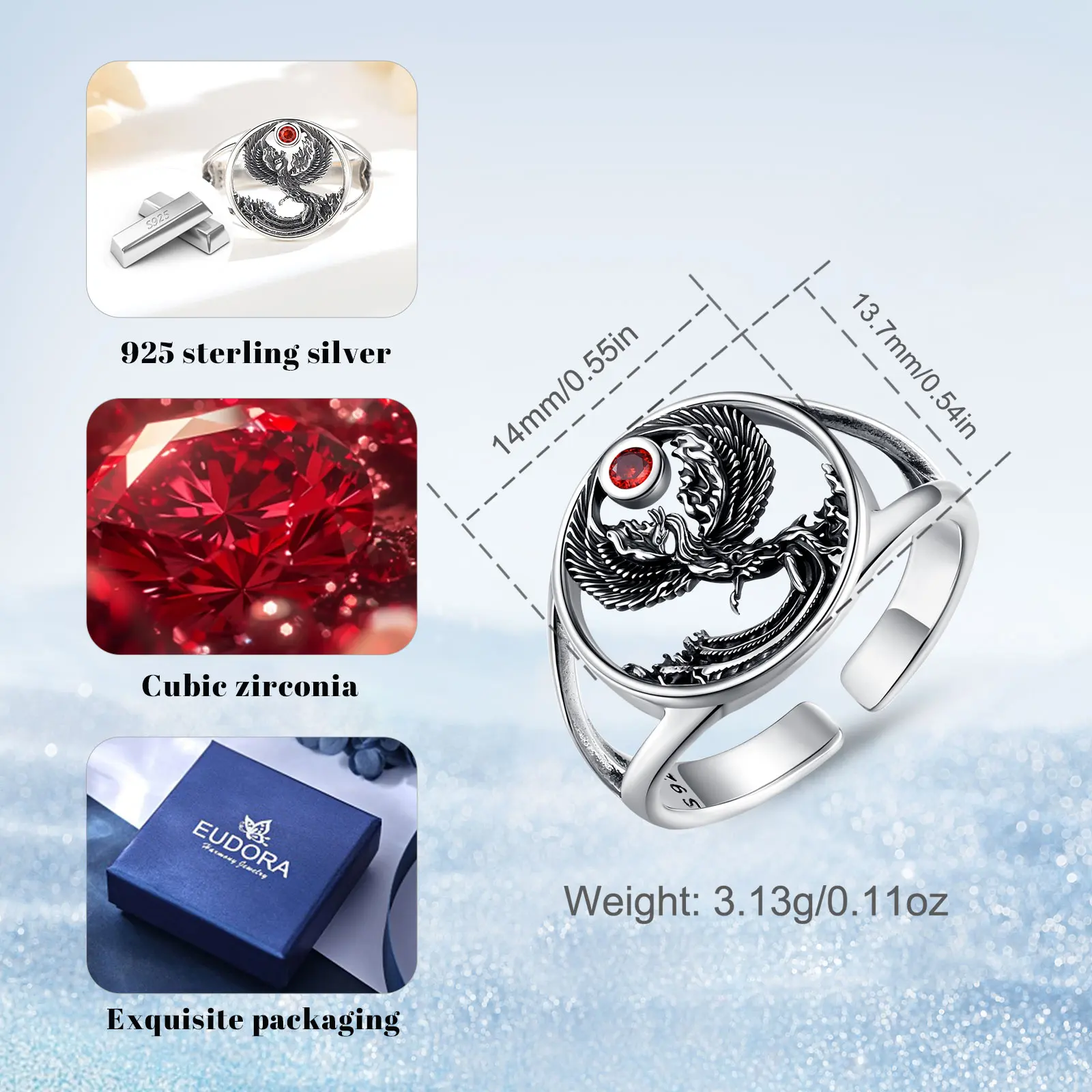 Eudora 925 Sterling Silver Phoenix Adjustable Ring Vintage Sun Phoenix Open Ring Personality Jewelry Holiday Gift for Women Man