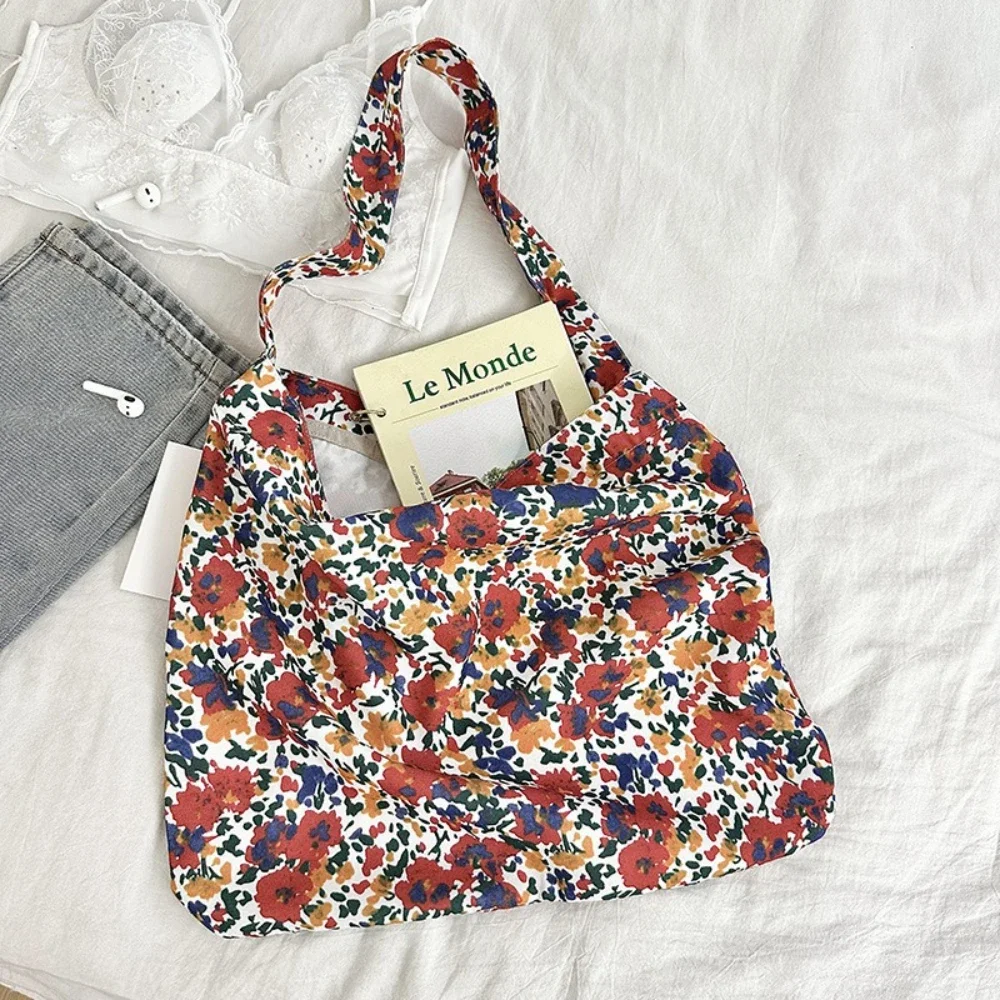 Korean Vintage Floral Cotton Fabric Shopping Bags Handbags Large Capacity Shoulder Bag Fashion Book Bag Ladies New Style