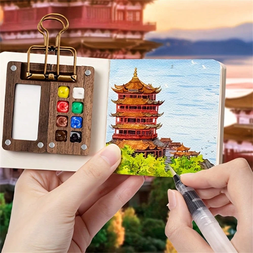 

Travel Paint Palette Pocket Artist Watercolor Set Mini Watercolor Palette Set Wooden Grid Paint Box for Artists and Students