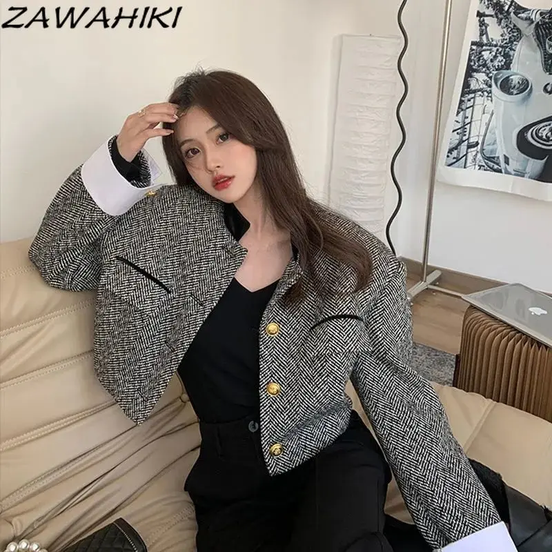 

Jacket for Women Patchwork Contrast Color Stand Collar French Vintage Button-up Y2K Fall Winter Outwear Fashion Jaqueta Feminina